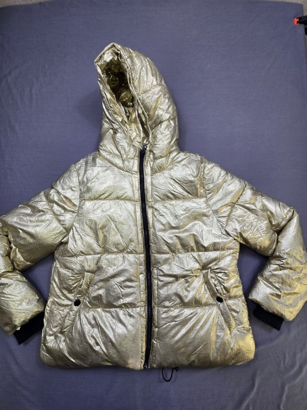 American Eagle Outfitters Large Metallic Down Jacket Gold Hooded Puffer Style
